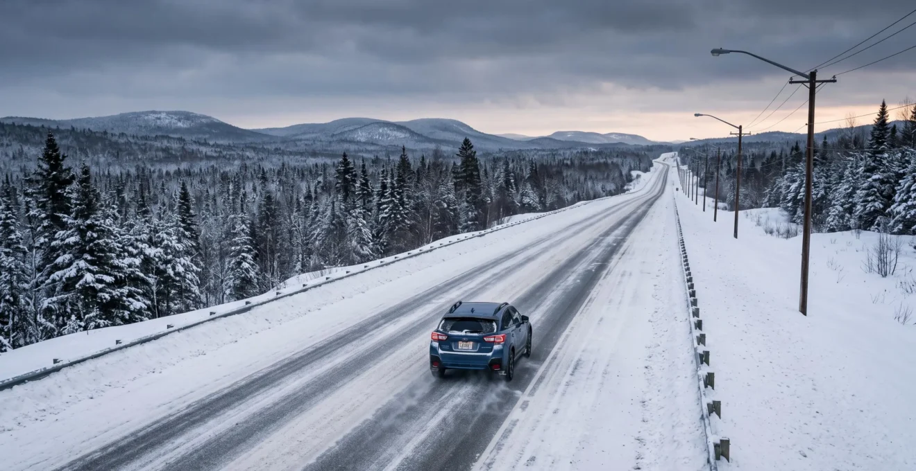 Une voiture roule sur une autoroute enneigée du Québec, bordée de forêt et de bancs de neige, sous un ciel d'hiver.