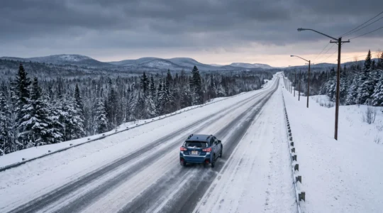 Une voiture roule sur une autoroute enneigée du Québec, bordée de forêt et de bancs de neige, sous un ciel d'hiver.