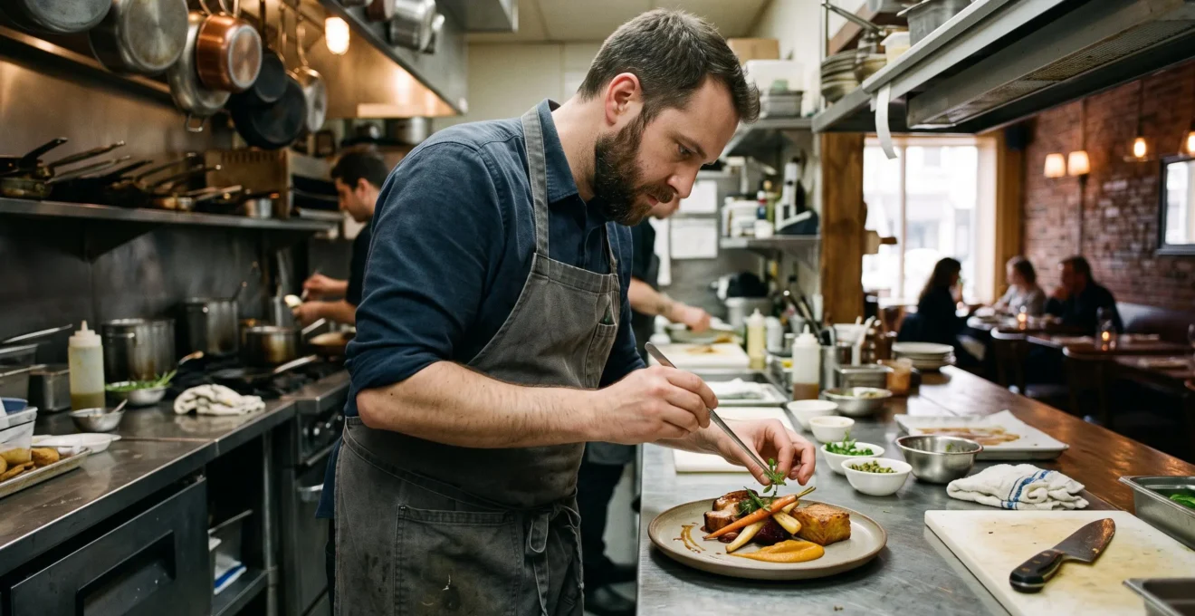 Un chef dans une cuisine de bistro québécois dresse une assiette créative inspirée d'un plat traditionnel revisité.