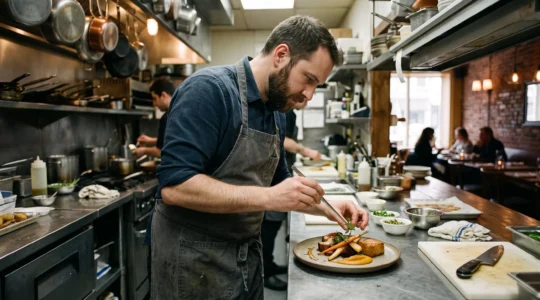 Un chef dans une cuisine de bistro québécois dresse une assiette créative inspirée d'un plat traditionnel revisité.