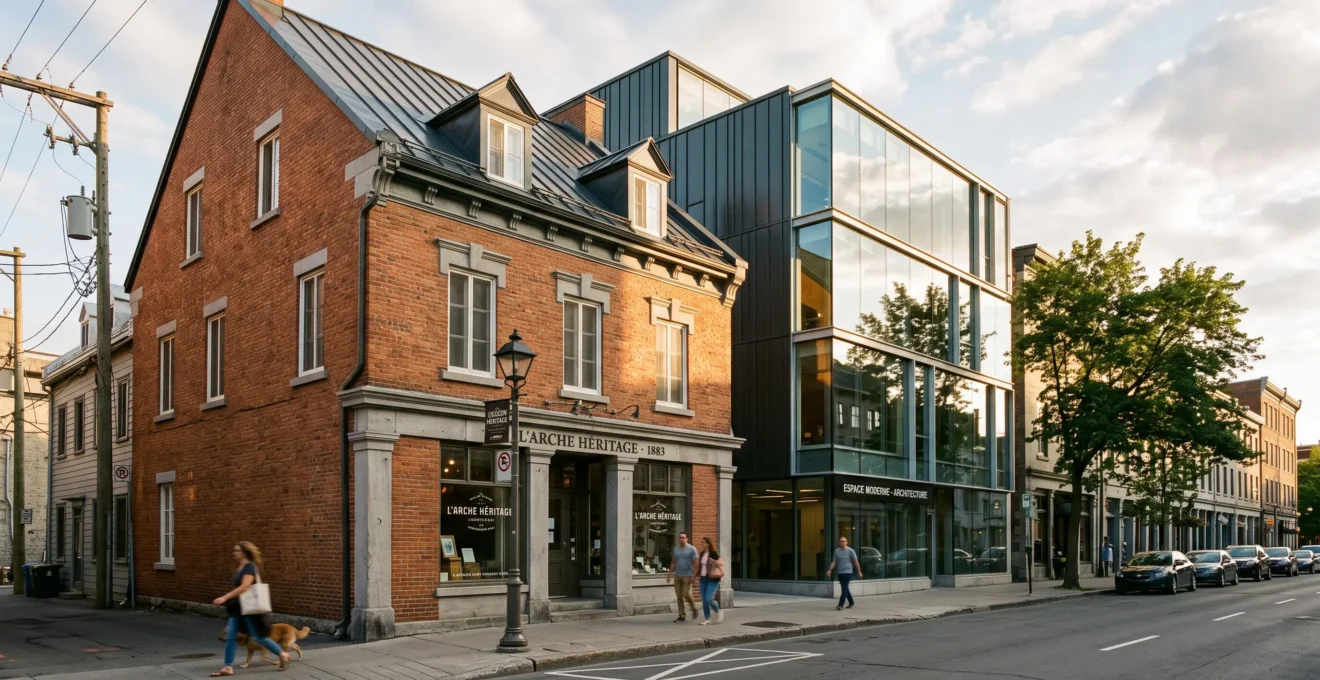 Une rue d'une ville québécoise montrant côte à côte un bâtiment ancien en brique rouge et une construction contemporaine en verre et acier.