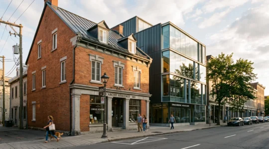 Une rue d'une ville québécoise montrant côte à côte un bâtiment ancien en brique rouge et une construction contemporaine en verre et acier.